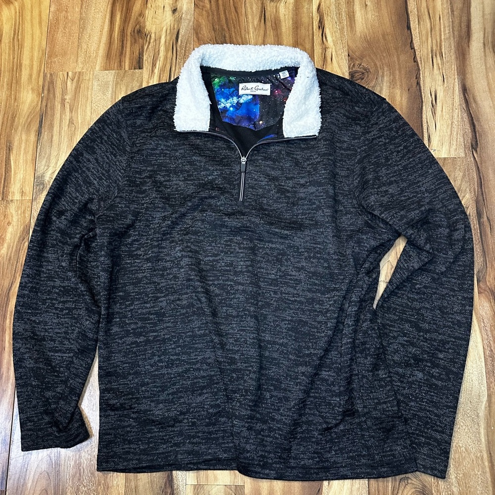 Robert Graham Mens XL Quarter Zip Sweater Black Sherpa Galaxy Lining Pullover